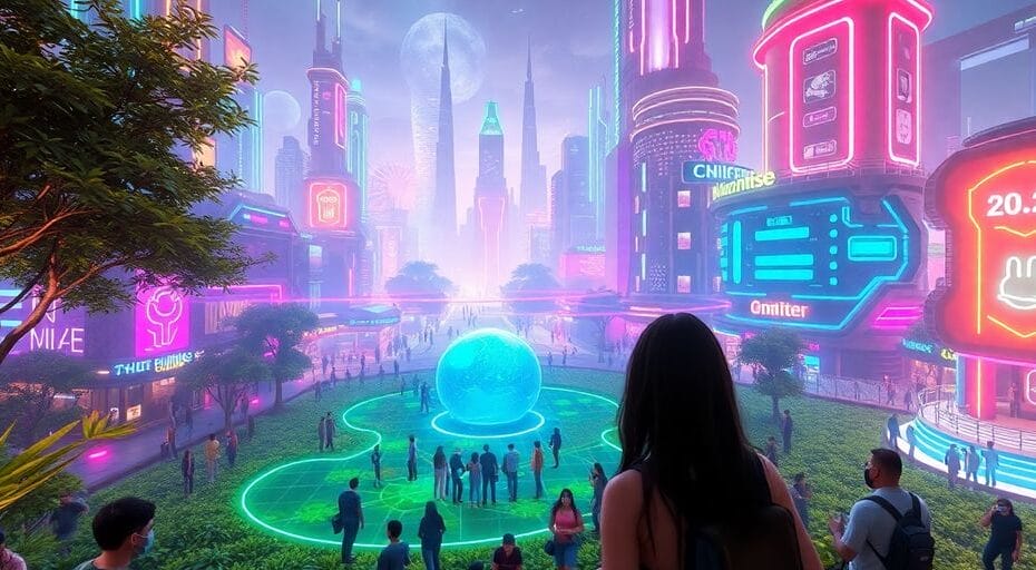 未来的な都市でのアバターの交流