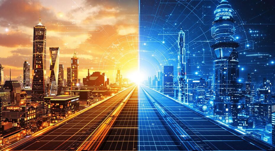 デジタルバリアで分けられた二つの未来的な都市