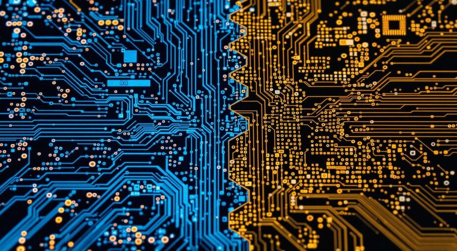 青と金の照明が施された2枚の重ねられたデジタル回路基板。