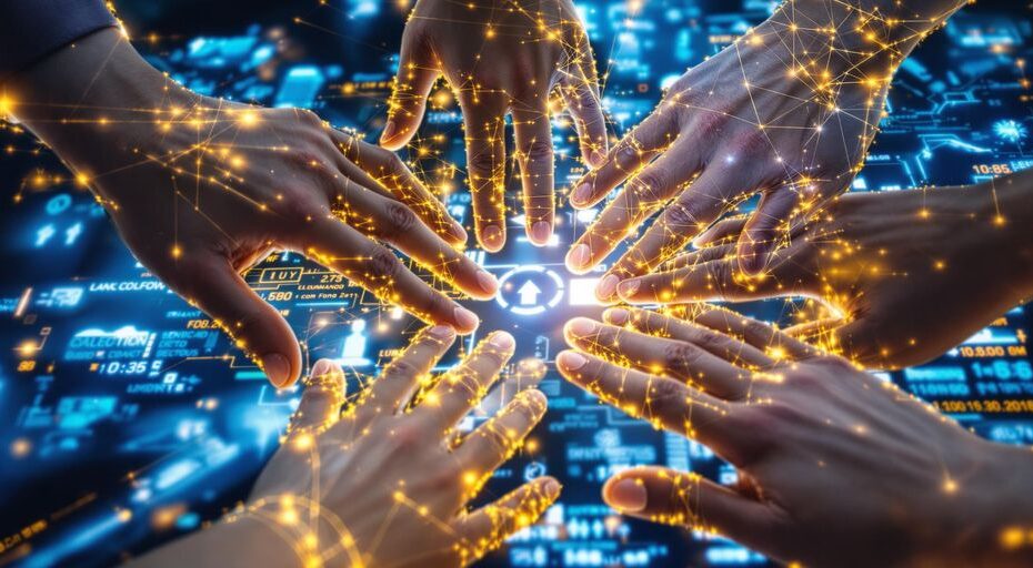 デジタル背景の上に円を形成する相互接続された手。