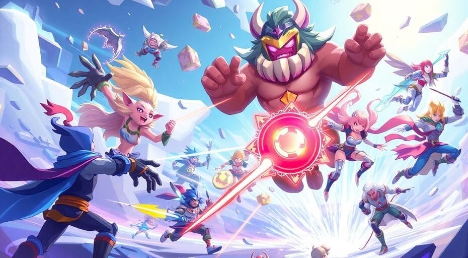 NFTゲームキャラクターが戦うデジタル風景のイラスト