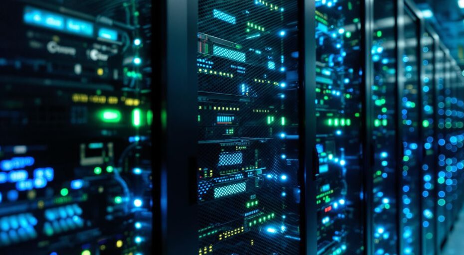 複数のサーバーと光るケーブルがあるハイテクデータセンター