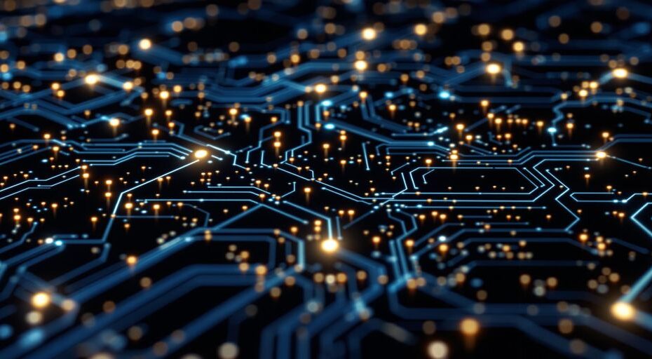 暗い背景に光るリンクを持つ相互接続された回路基板。