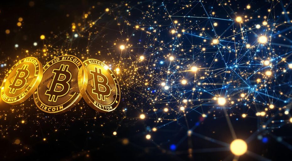 ビットコインコインが暗い背景のデジタルノードに融合する