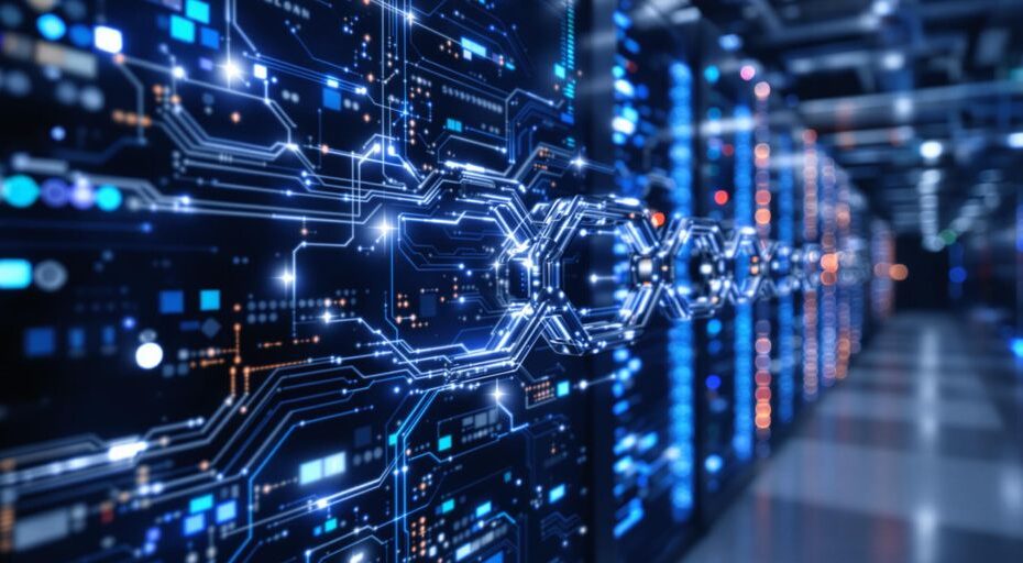 サーバールームで相互接続されたチェーンが光るデジタル回路に出会う。