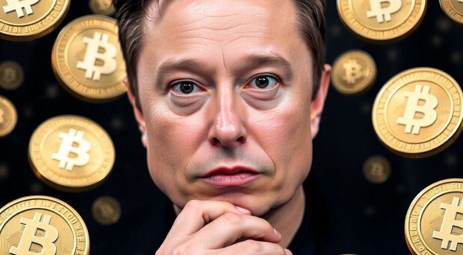 イーロン・マスクの表情とデジタルコインのグラフィック