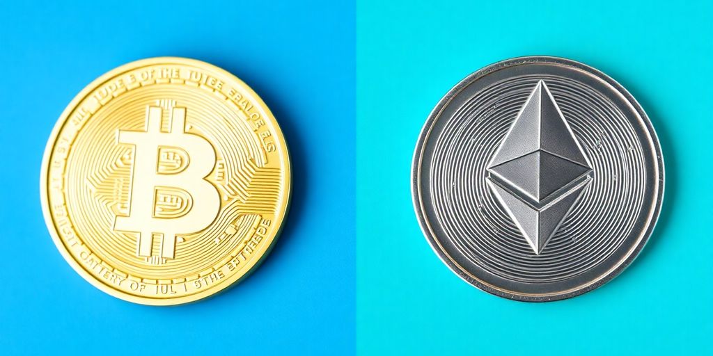 対照的な背景にあるビットコインとイーサリアムのコイン。