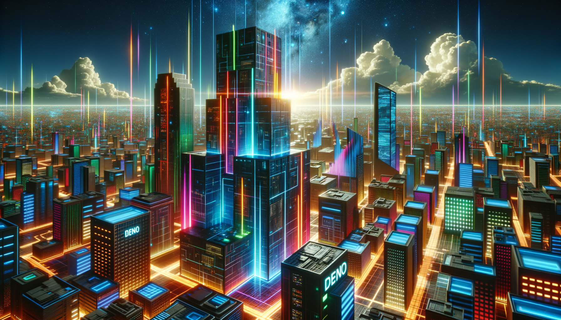 Eye-catching visual of Deno, Deno Deploy, Deno Fresh
and AI technology vibes