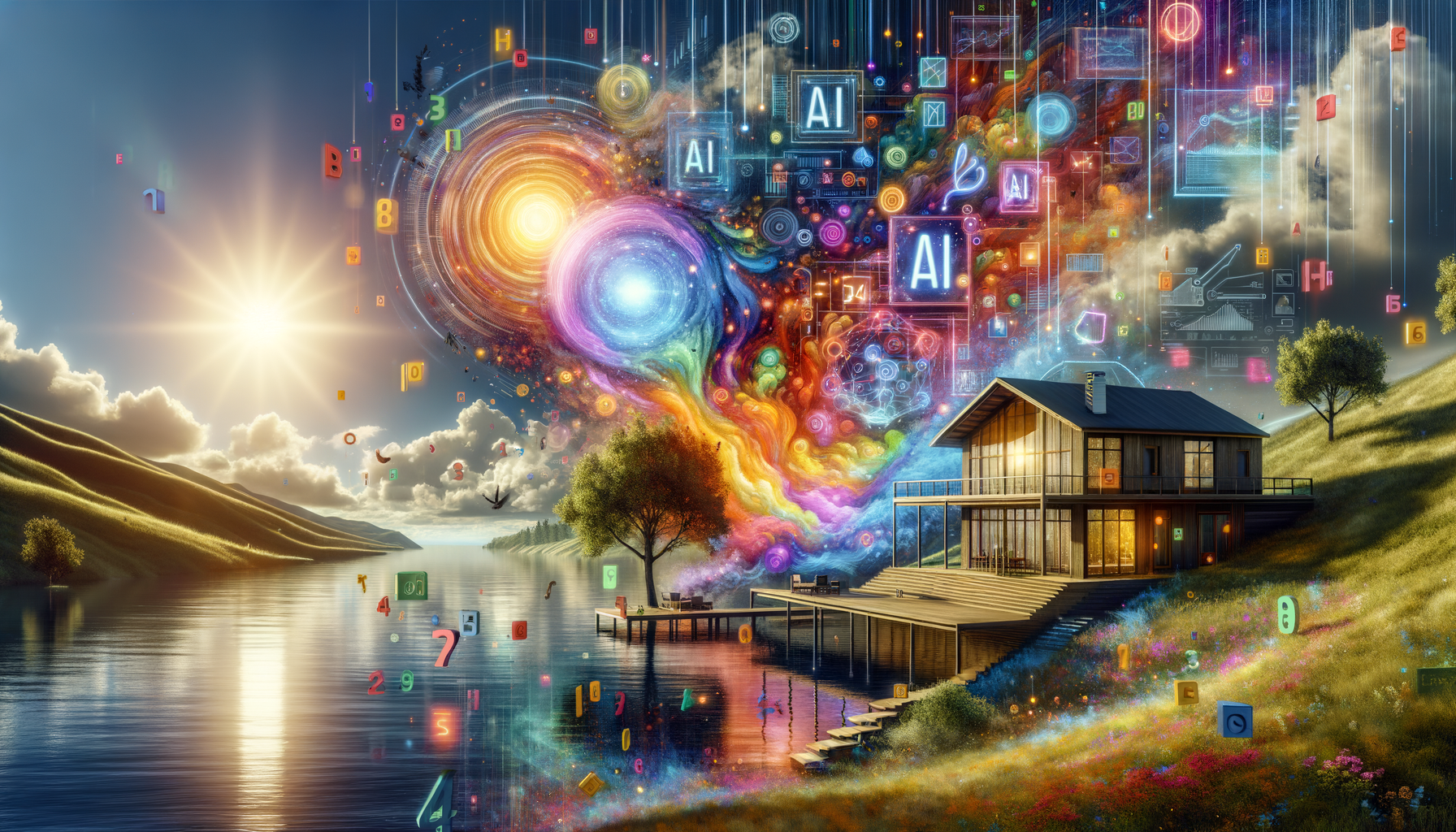 Eye-catching visual of open lakehouse, AI, data management and AI technology vibes