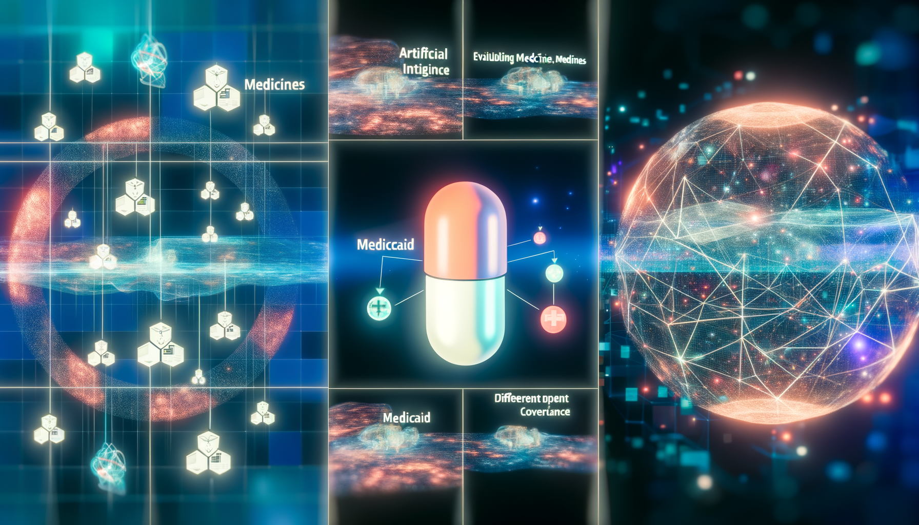 AI drug evaluation, hospital mergers, Medicaid coverage lifestyle illustration