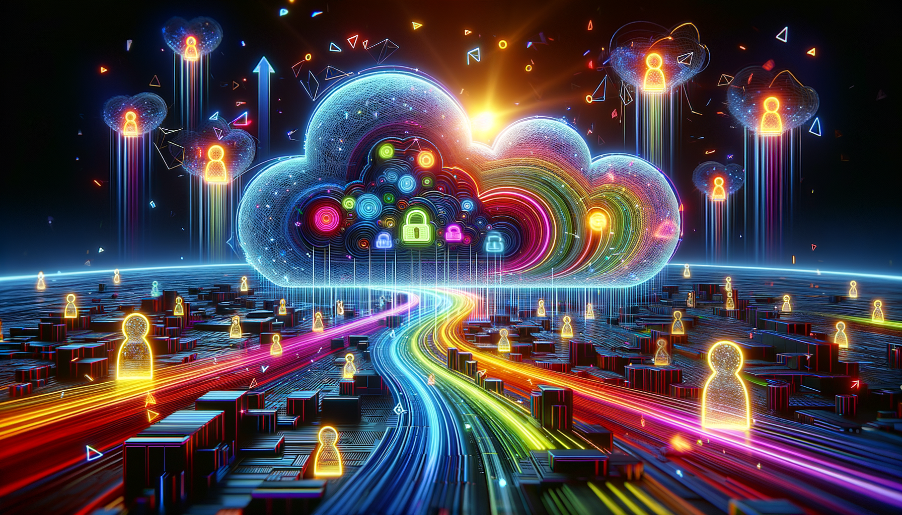 Eye-catching visual of cloud migration, cloud security, cloud costs and AI technology vibes