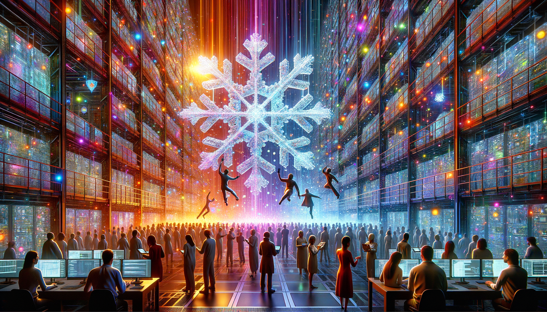 Eye-catching visual of Snowflake, data warehouse, data scientists
and AI technology vibes