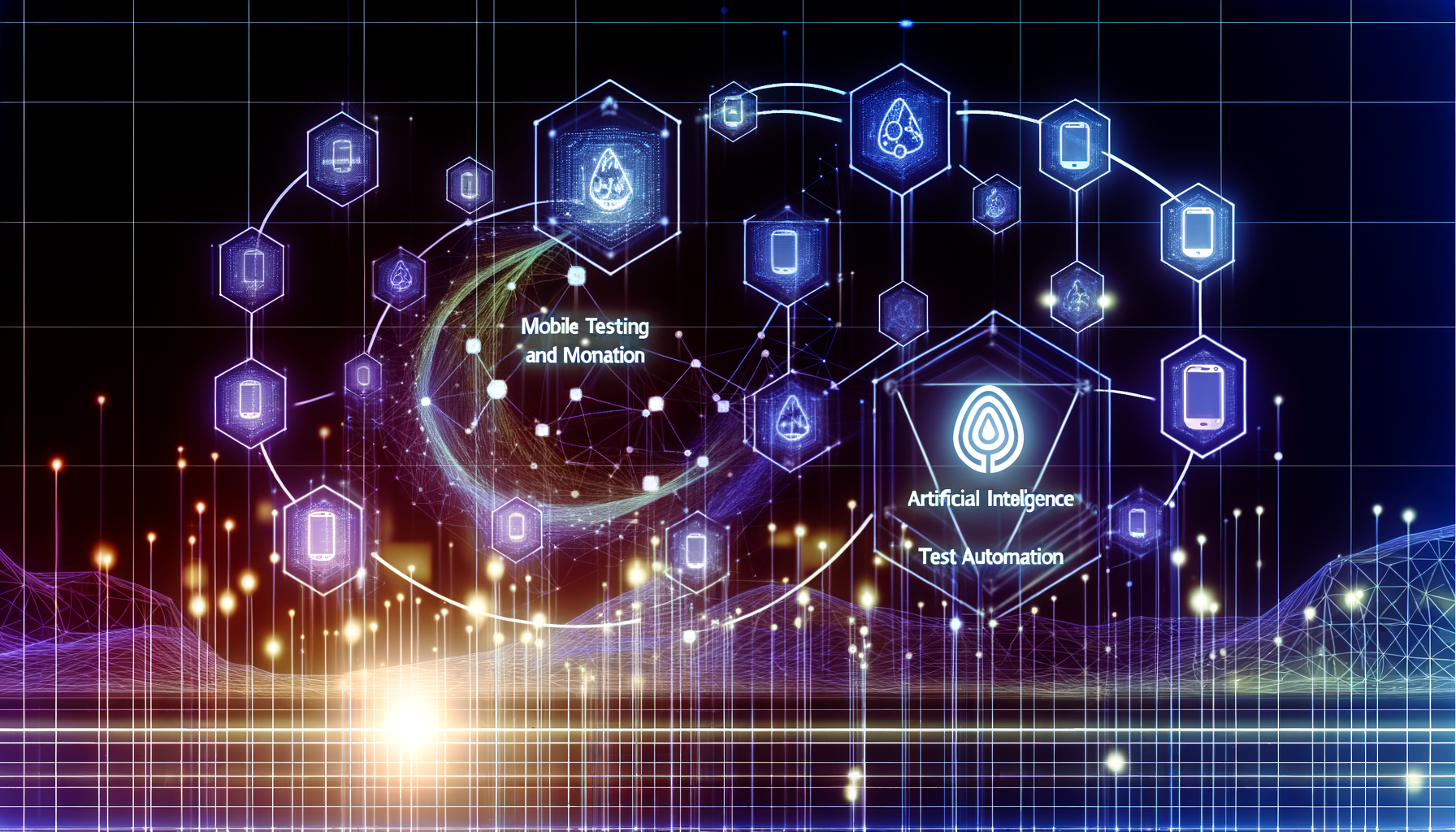 AIテスト自動化の仕組み。ネットワークとAIが連携してモバイルアプリをテストする様子。