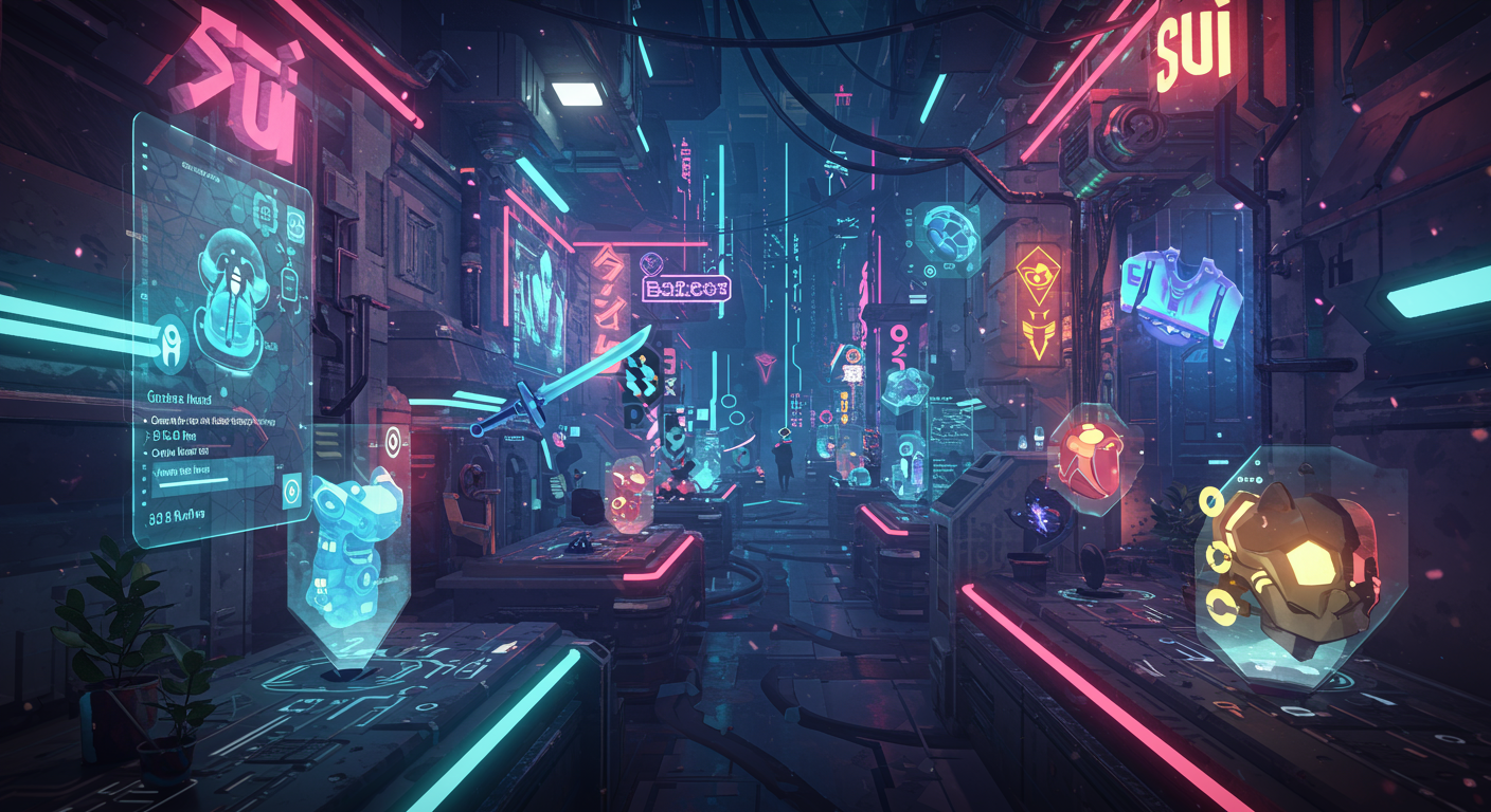 Eye-catching visual of game asset marketplace, Sui, smart contracts and Metaverse vibes