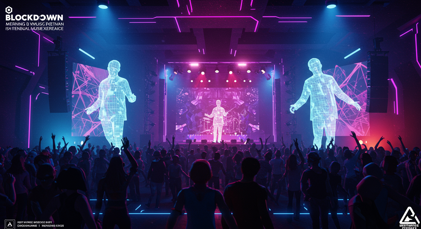 Eye-catching visual of BlockDown Festival, Istanbul Blockchain Week, AI music experience and Metaverse vibes