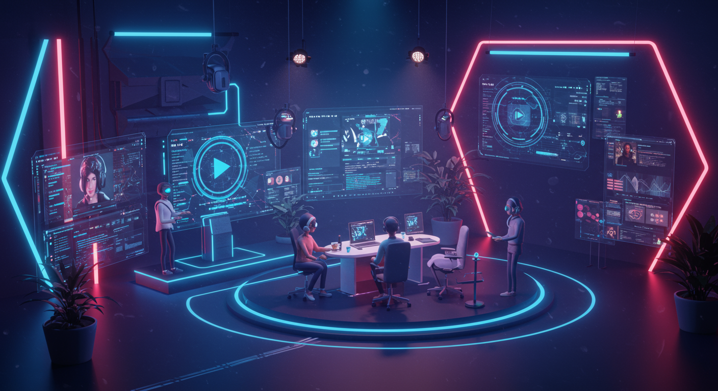 Eye-catching visual of AI video creation tool, text-to-speech generator, multimodal AI and Metaverse vibes