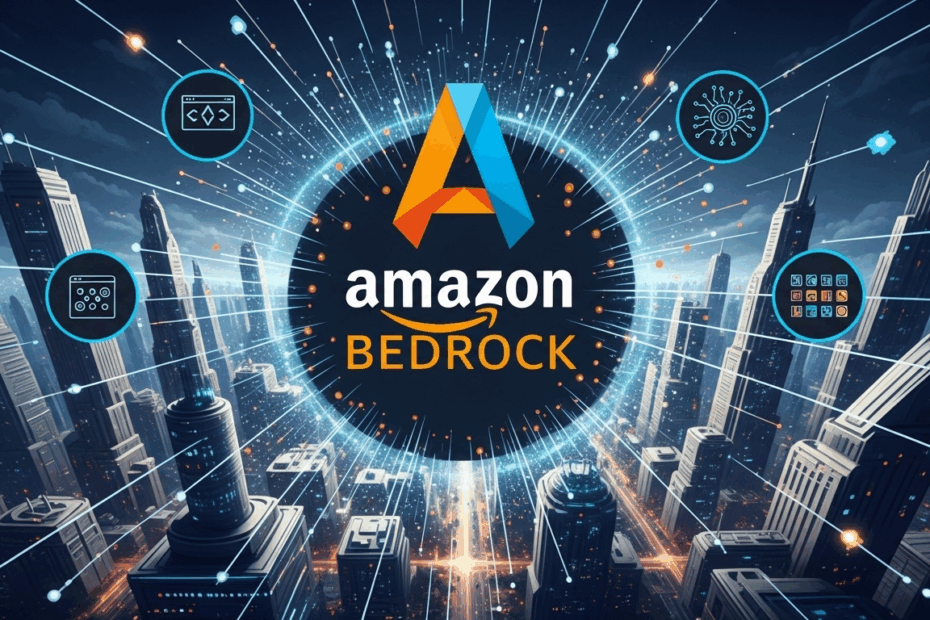 a city with many buildings and a logo