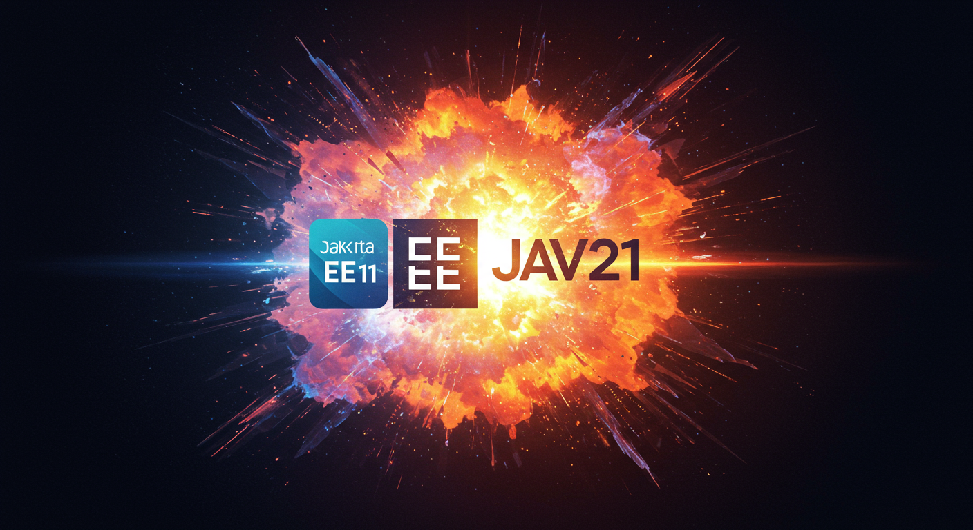 Eye-catching visual of Jakarta EE 11, Java 21, enterprise Java
and AI technology vibes