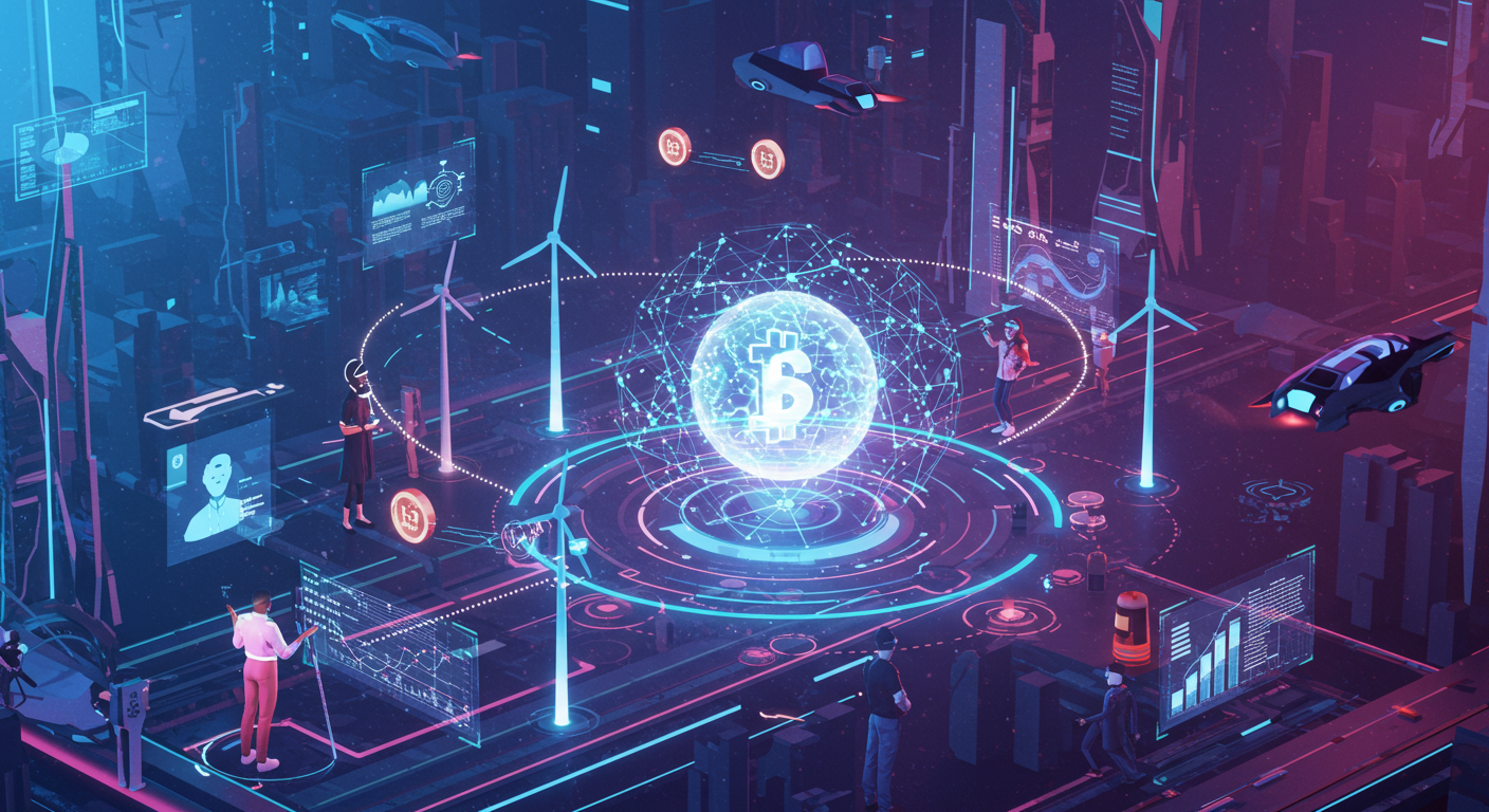 Eye-catching visual of tokenized clean energy, blockchain-based platform, yield-generating opportunities
and Metaverse vibes