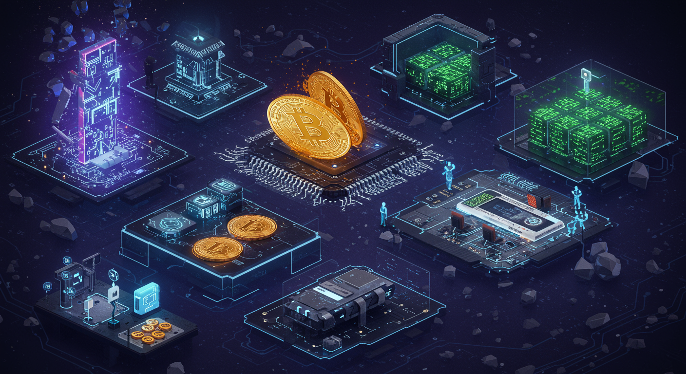 Eye-catching visual of artificial intelligence, Bitcoin mining, sustainable AI infrastructure
and Metaverse vibes