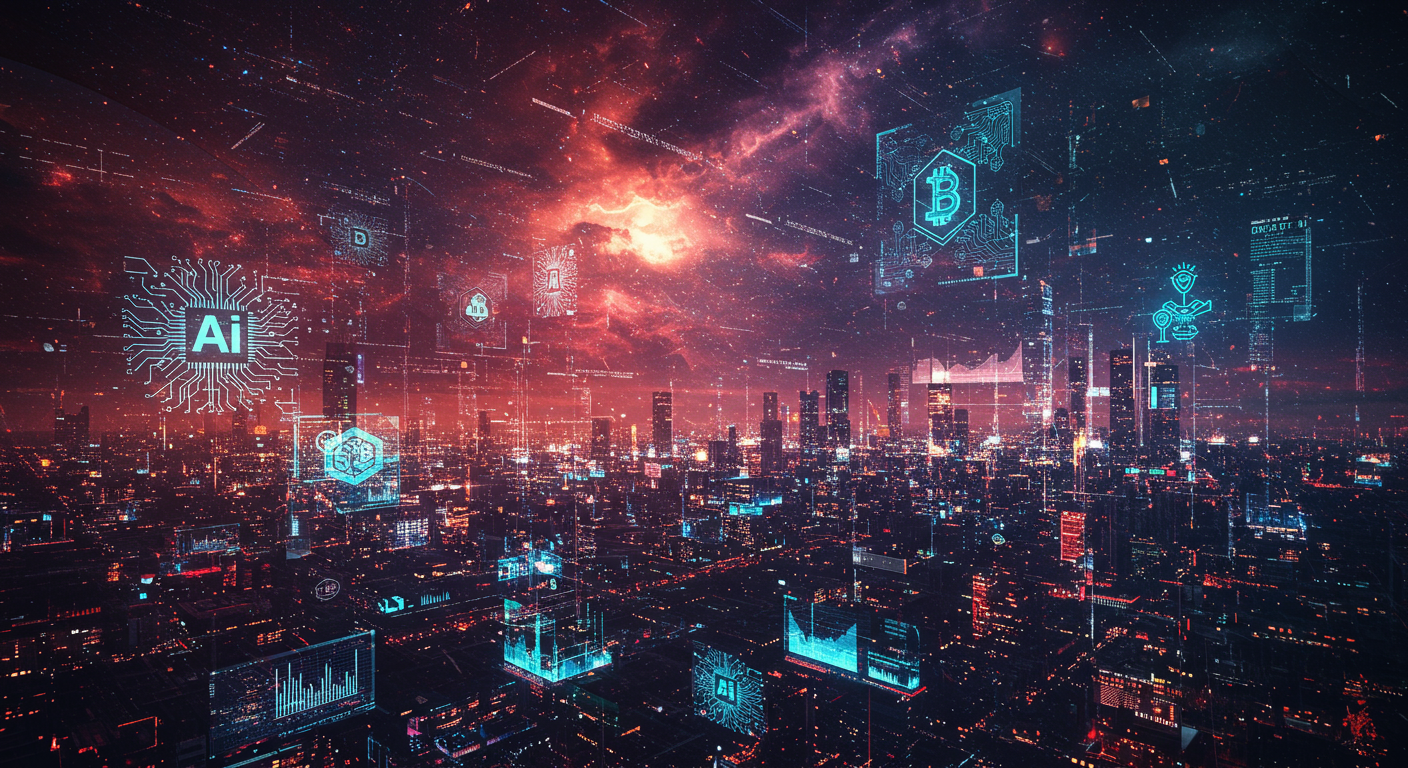 Eye-catching visual of AI, blockchain, DeFi
and Metaverse vibes