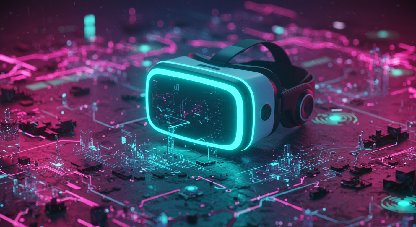 Eye-catching visual of VR hardware, LiDAR, virtual worlds and Metaverse vibes