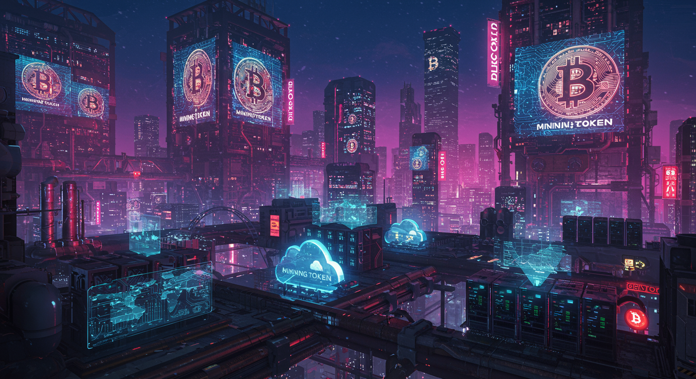 Eye-catching visual of MiningToken, cloud mining, Bitcoin and Web3/metaverse vibes