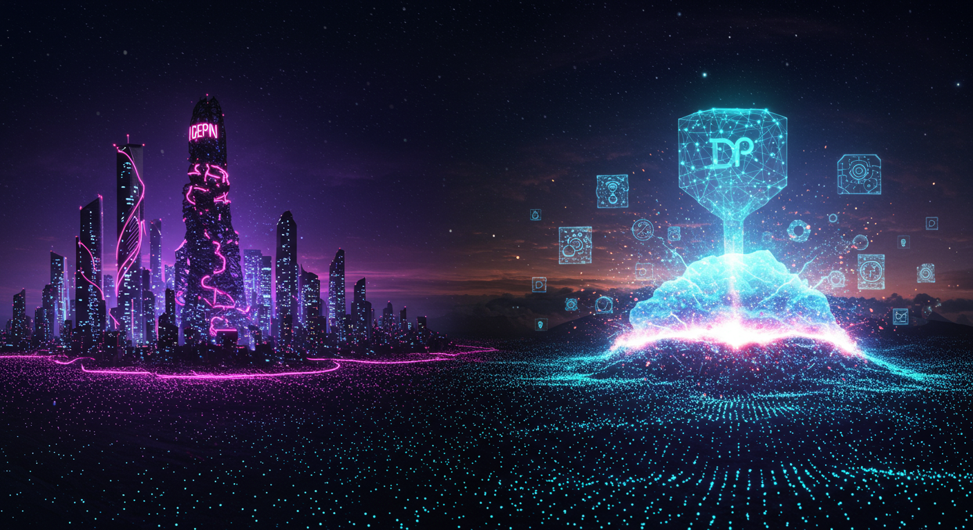 Eye-catching visual of DePIN, IoTeX, blockchain-IoT and Web3/metaverse vibes