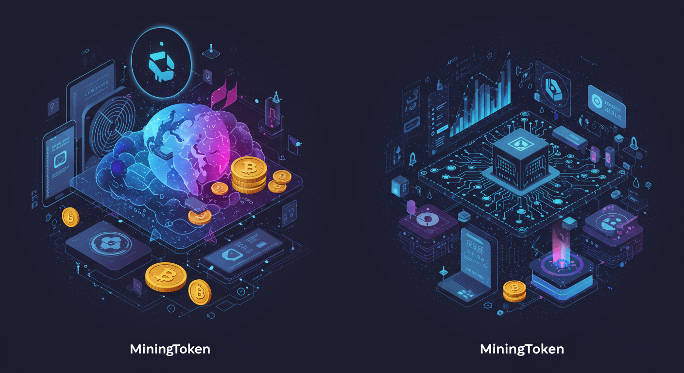 MiningToken, cloud mining, Bitcoin technology and blockchain network illustration