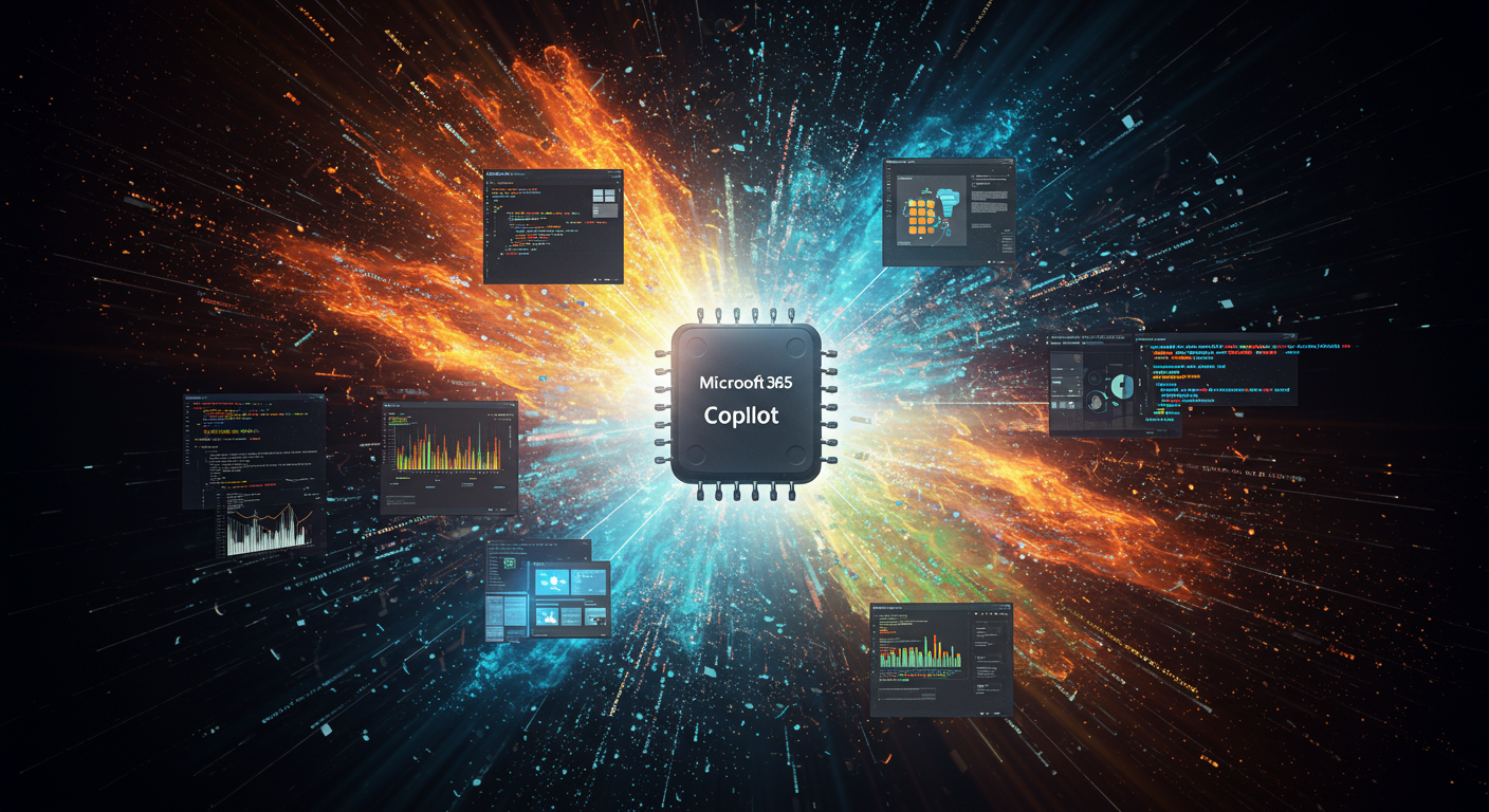 Eye-catching visual of Microsoft 365 Copilot, AI applications, Microsoft Graph API
and AI technology vibes