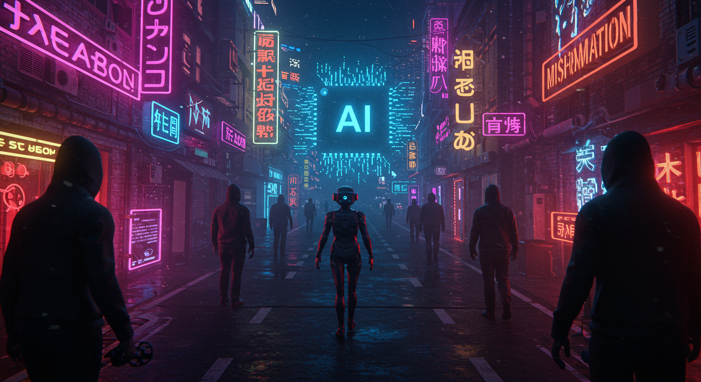 Eye-catching visual of AI chatbots, incorrect information, criminals
 and  AI technology vibes