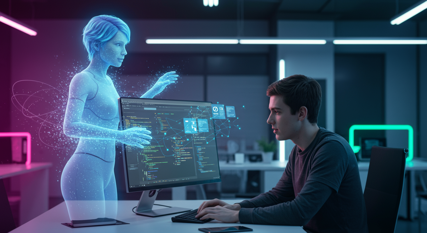 Eye-catching visual of AI-powered development, Low-code, OutSystems Mentor
and AI technology vibes