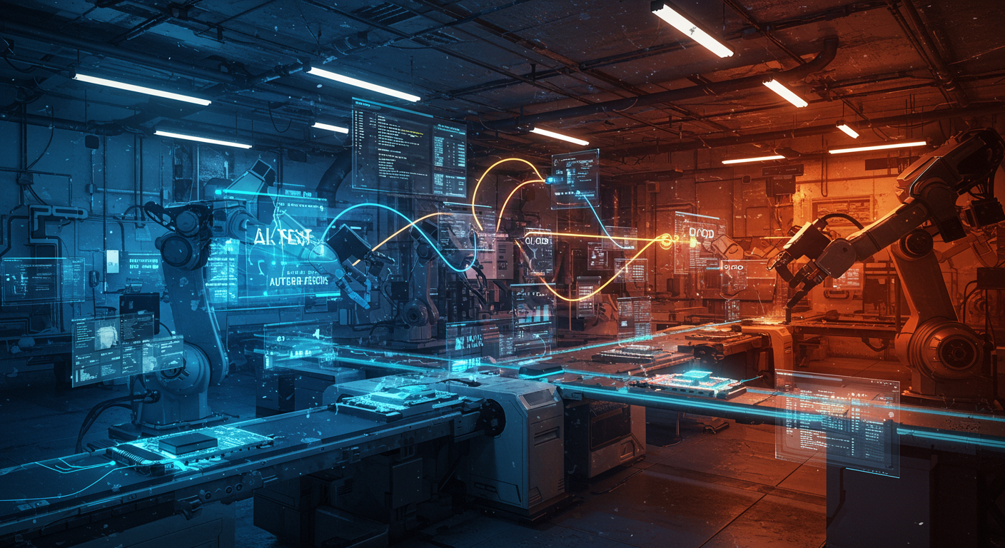 Eye-catching visual of AI testing, test automation, CI/CD
and AI technology vibes