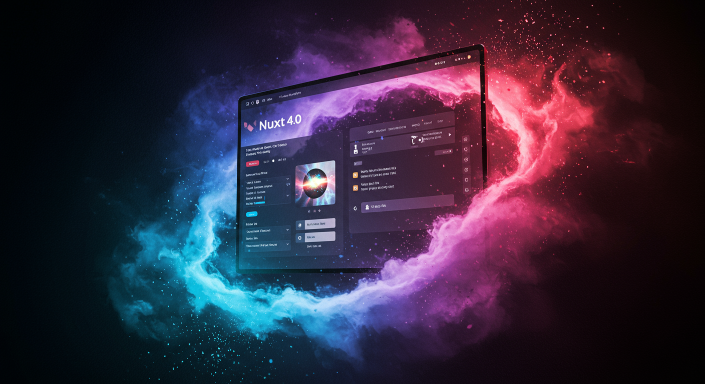 Eye-catching visual of Nuxt 4.0, TypeScript, Data fetching
 and  AI technology vibes