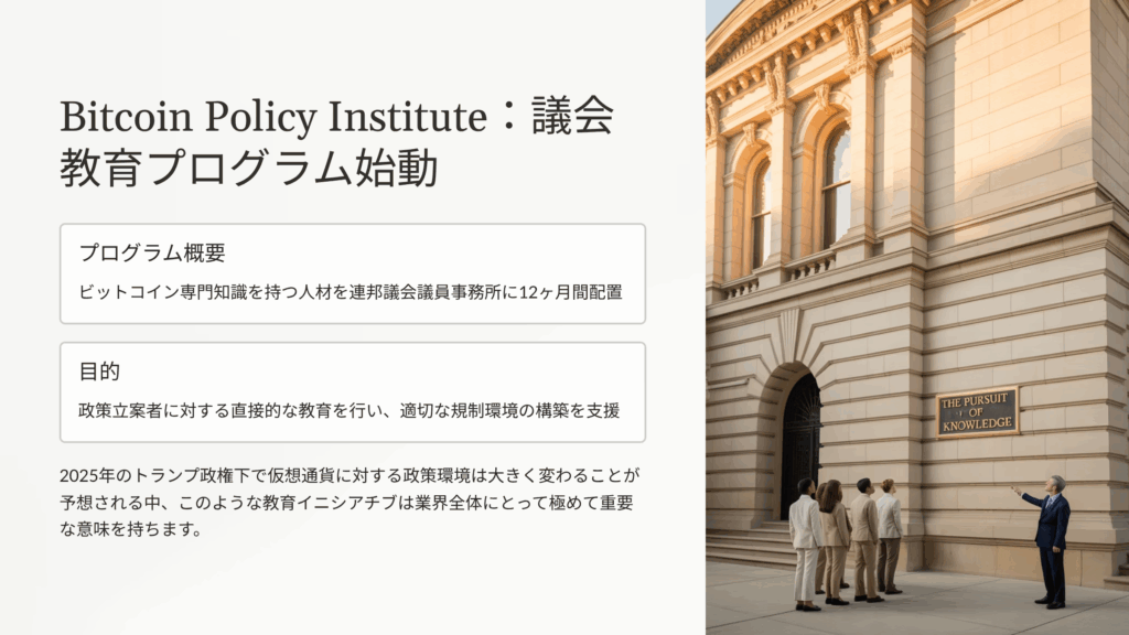 Bitcoin Policy Institute(BPI)議会フェローシッププログラム発表:政策立案者への教育が本格化