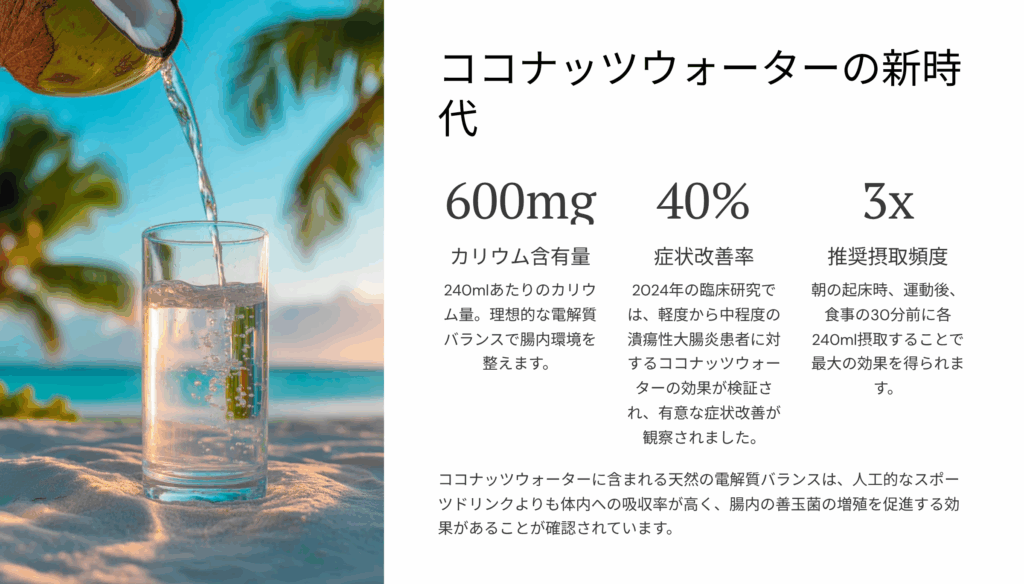 ココナッツウォーターの新時代:腸内環境を加速する魔法の飲み物