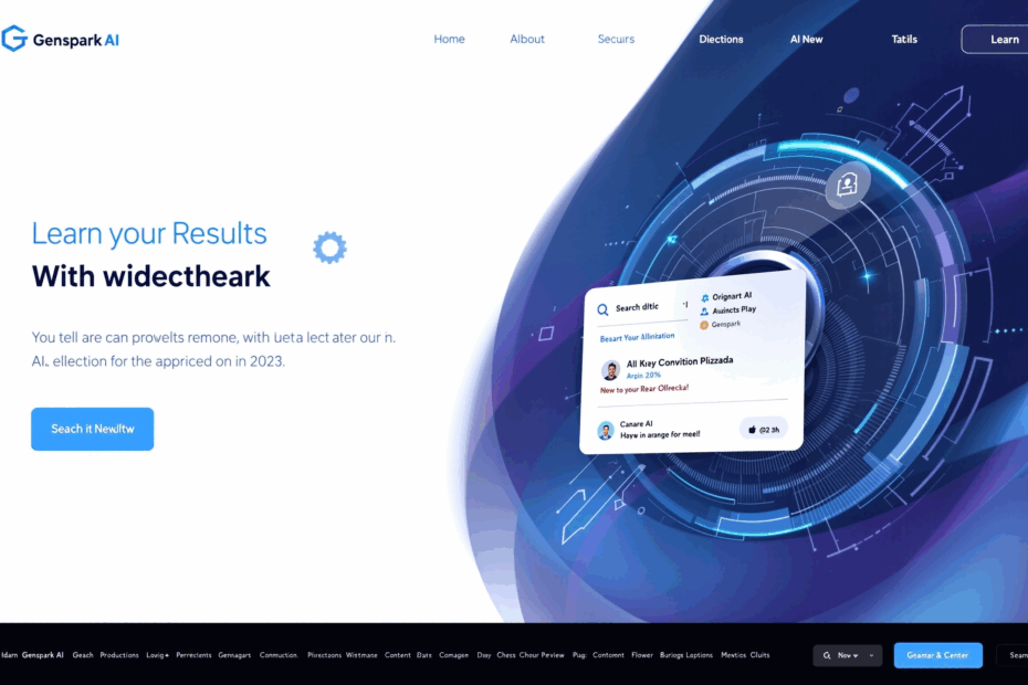 A modern and futuristic AI interface as the main header image for Genspark AI. It features a search bar and results display, with a blue and purple gradient background. The image includes the 'Genspark AI' logo and displays a professional and sophisticated design.