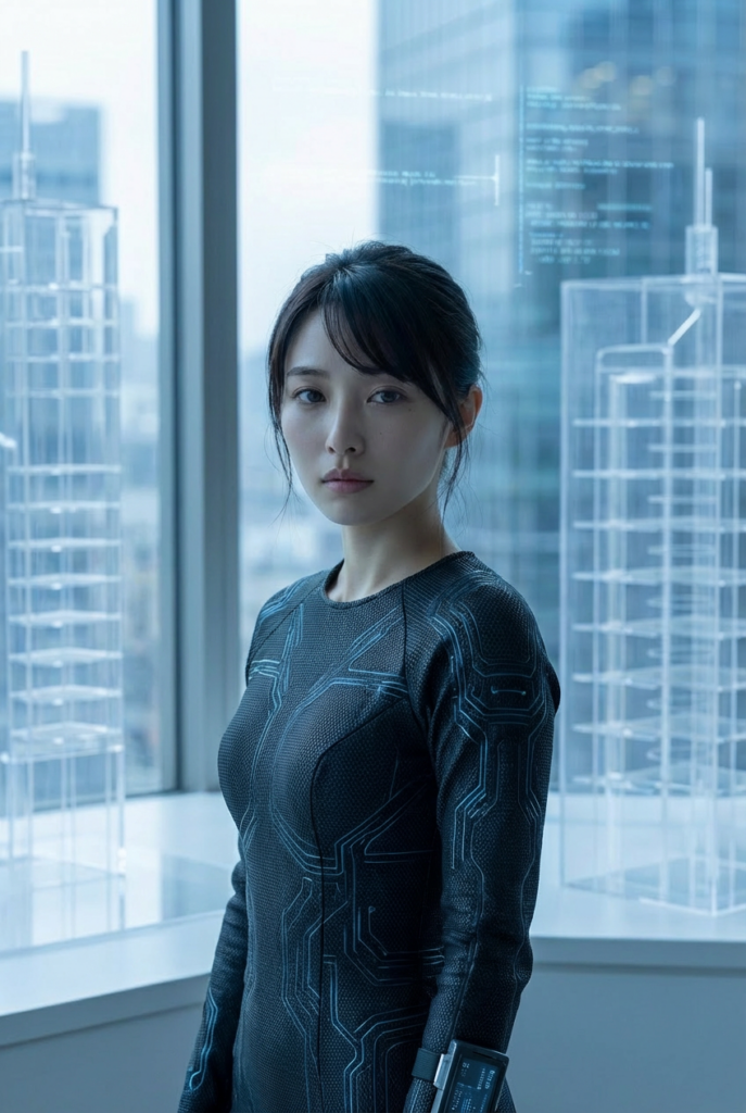 未来的な服装の女性