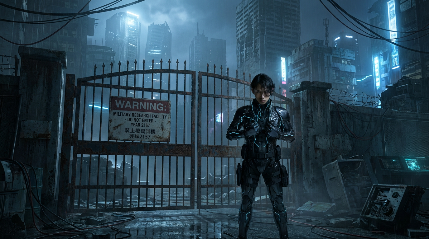 Hiro standing in front of abandoned research facility