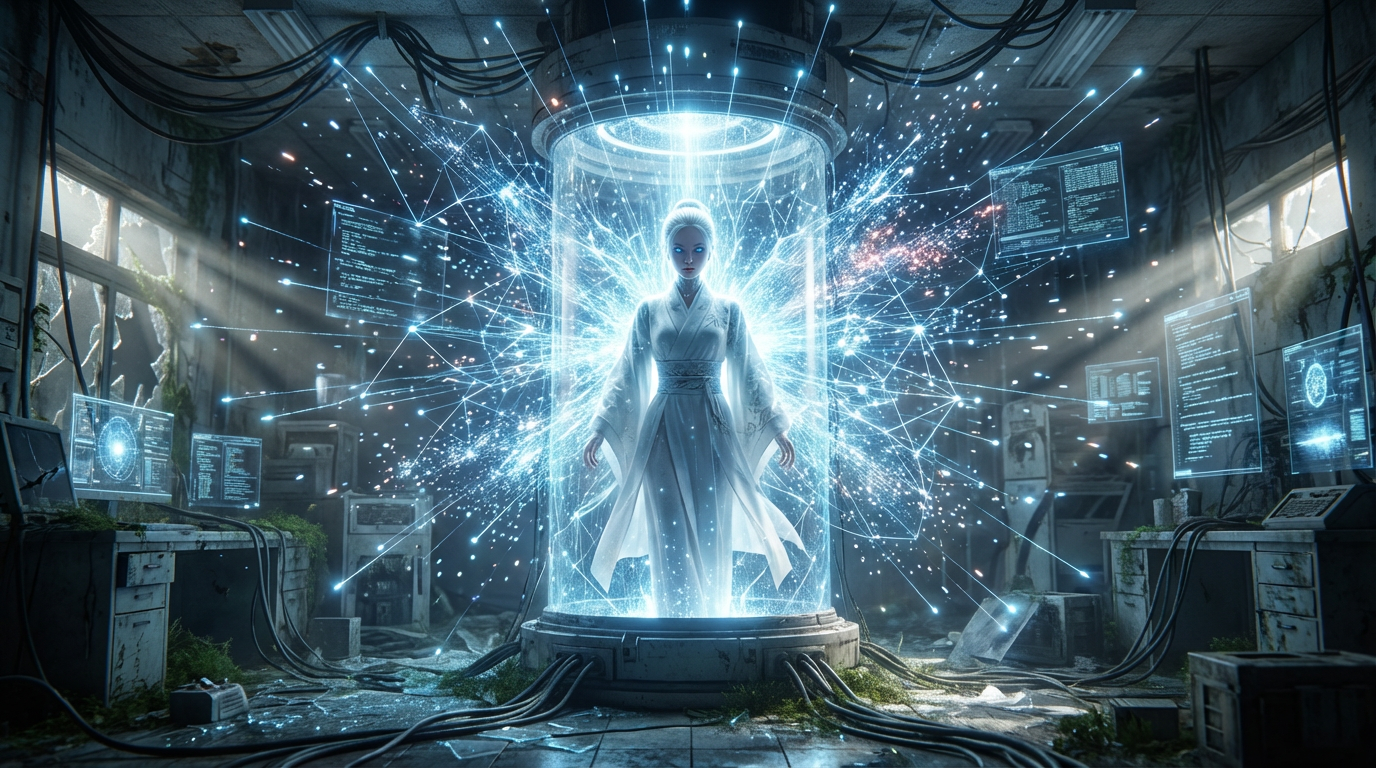 Lumina awakening moment - AI entity with bright blue light