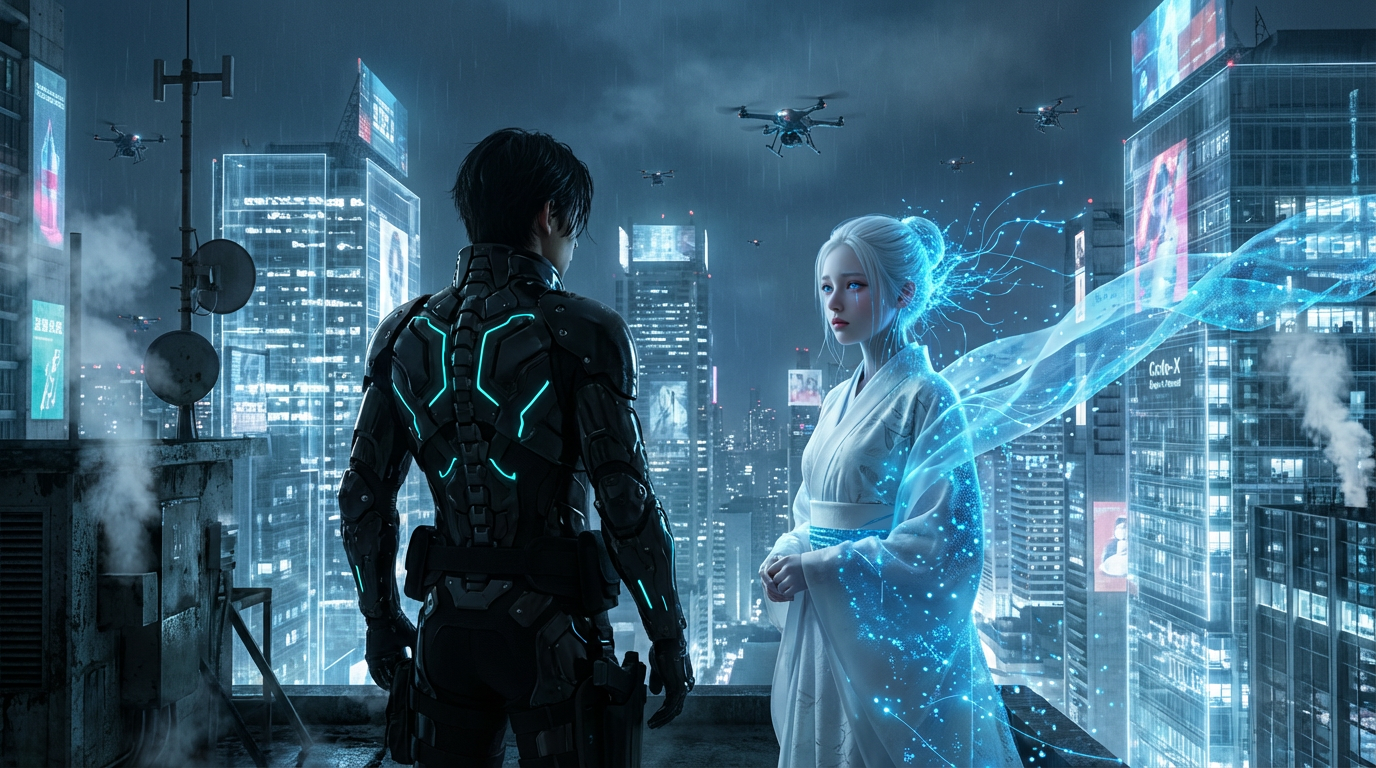 Futuristic Tokyo rooftop scene